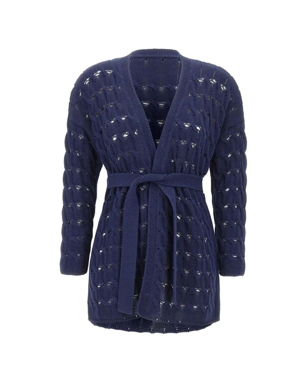 Kangra Blue Cardigan Ceinturé En Maille Torsadé