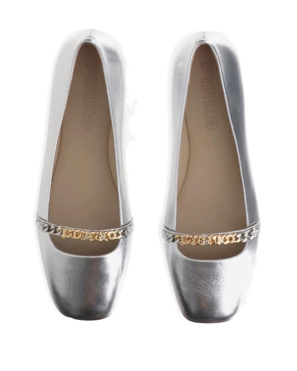 Pinko White Pointed Toe Flats With Metallic Finish And Chain Detail