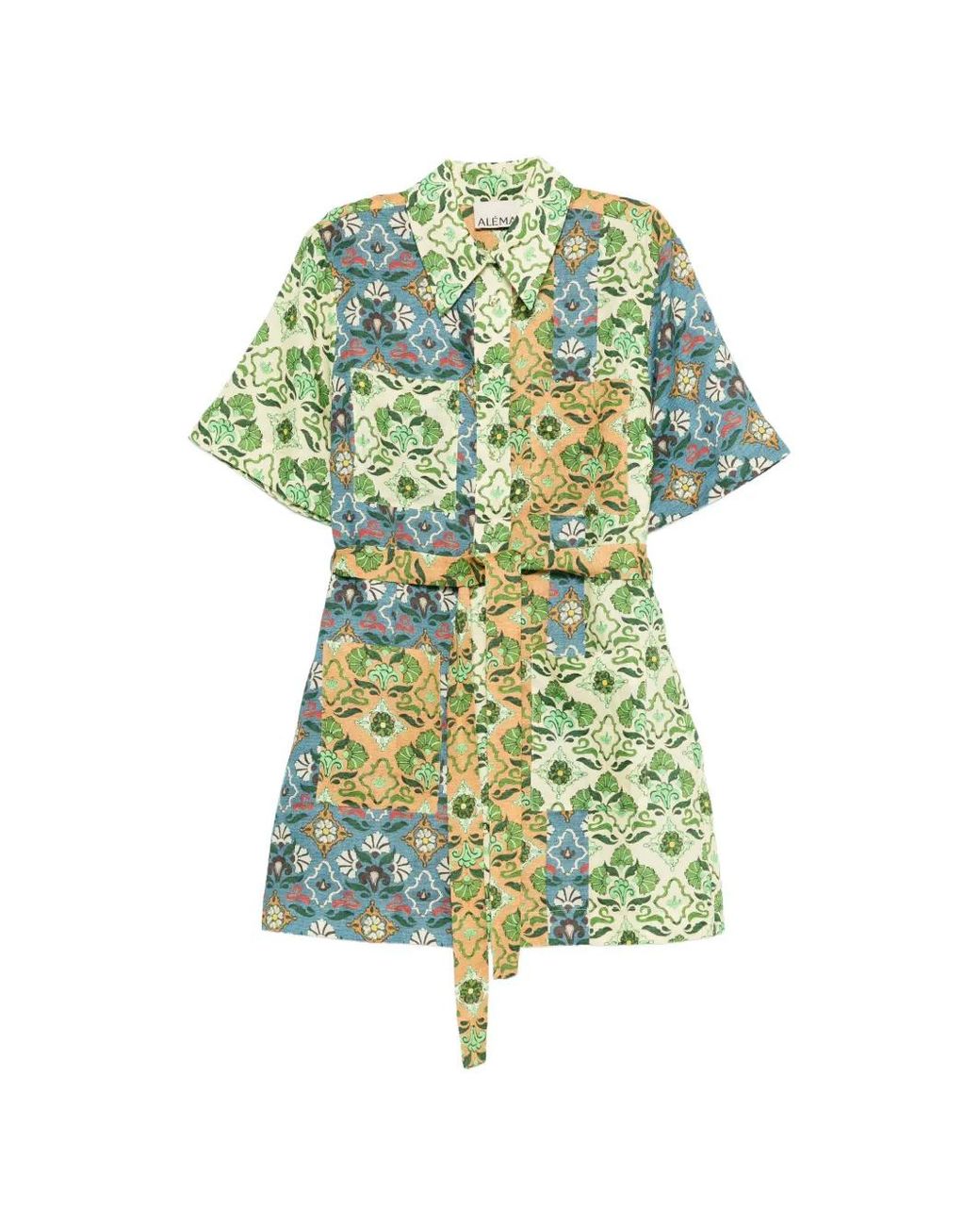 ALÉMAIS Ali Spliced Floral-Print Belted Mini Dress in Green | Lyst UK