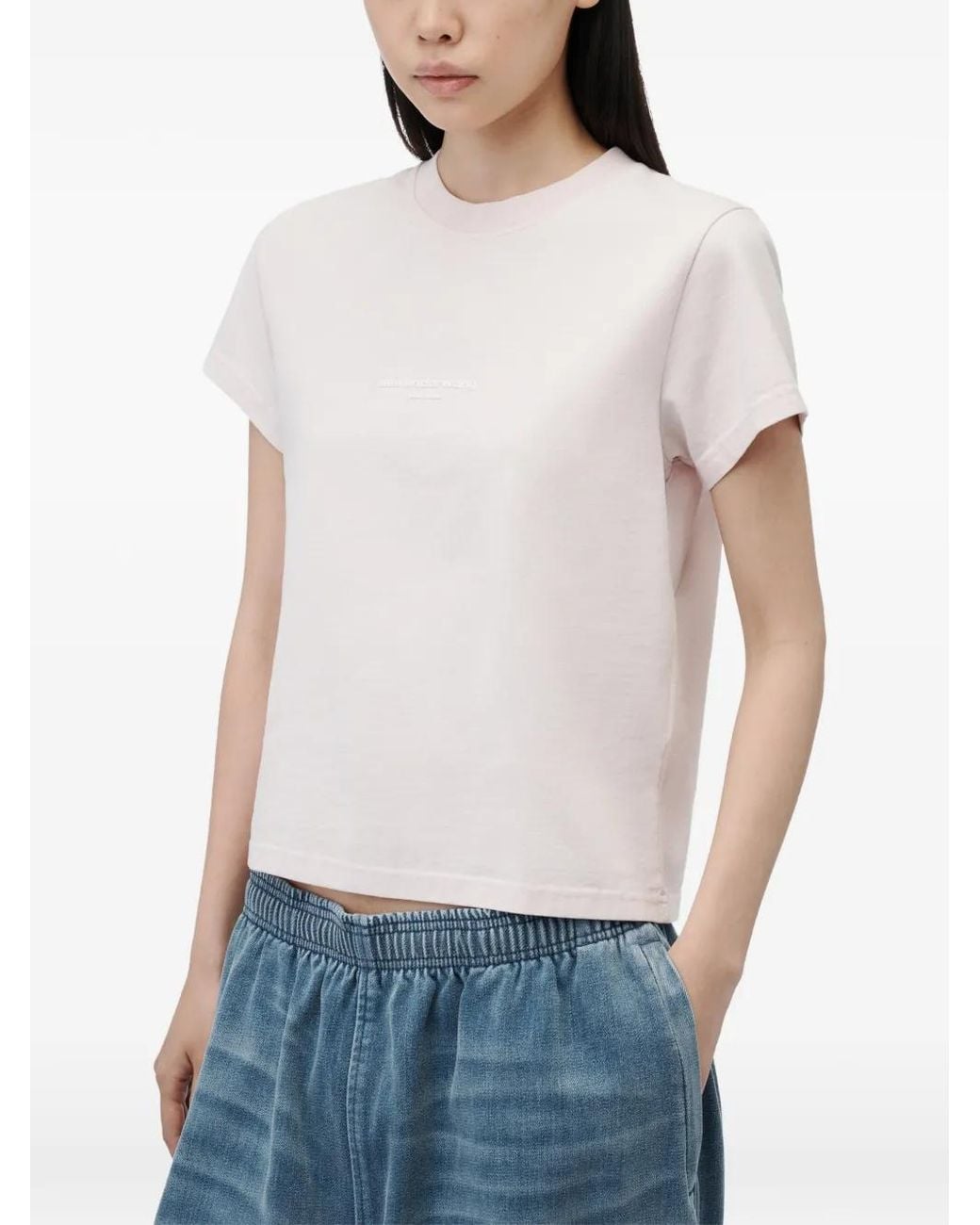 Alexander Wang Pink Logo Print Shrunken Short Sleeve T-Shirt