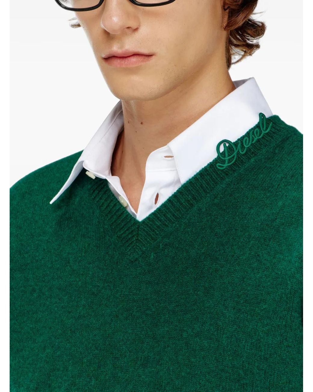 DIESEL Green Wool V-Neck Jumper With Neck Logo for men