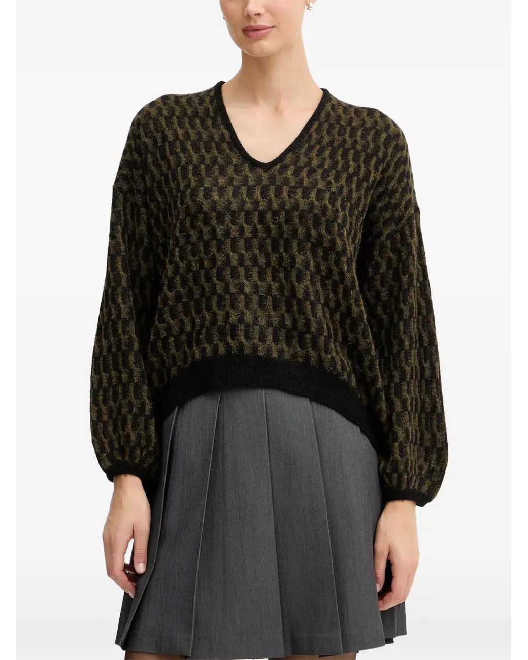 Benetton Black Patterned V-Neck Knitwear