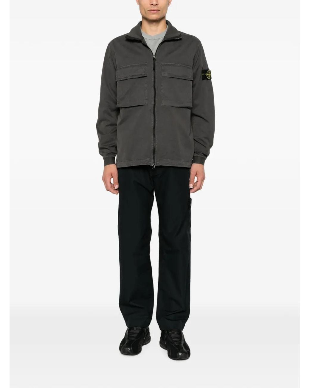 Stone Island Black Logo-Patch Zip-Up Shirt Jacket for men