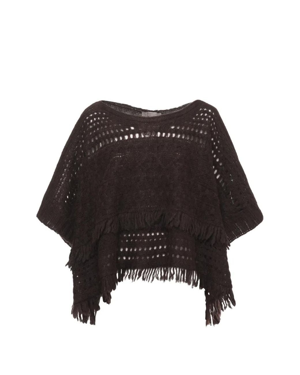 D.exterior Black Fringed Cable-Knit Cape