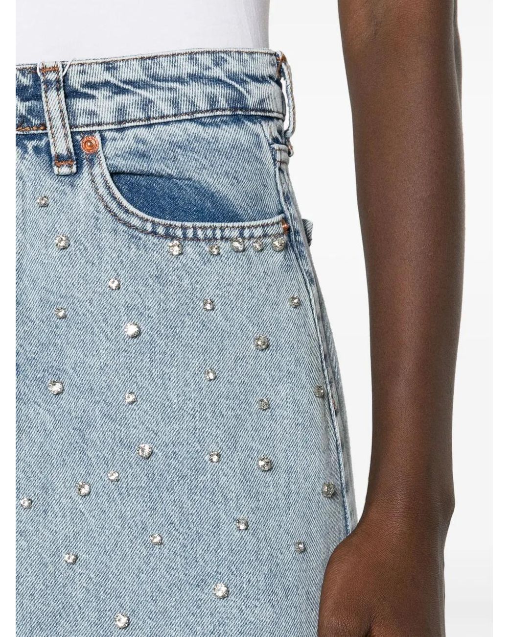 Ana Radu Blue Crystal-Embellished Washed Denim Midi Skirt