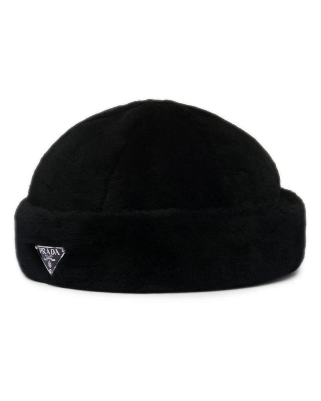 Prada Triangle Logo appliqu Shearling Beanie in Black for Men Lyst