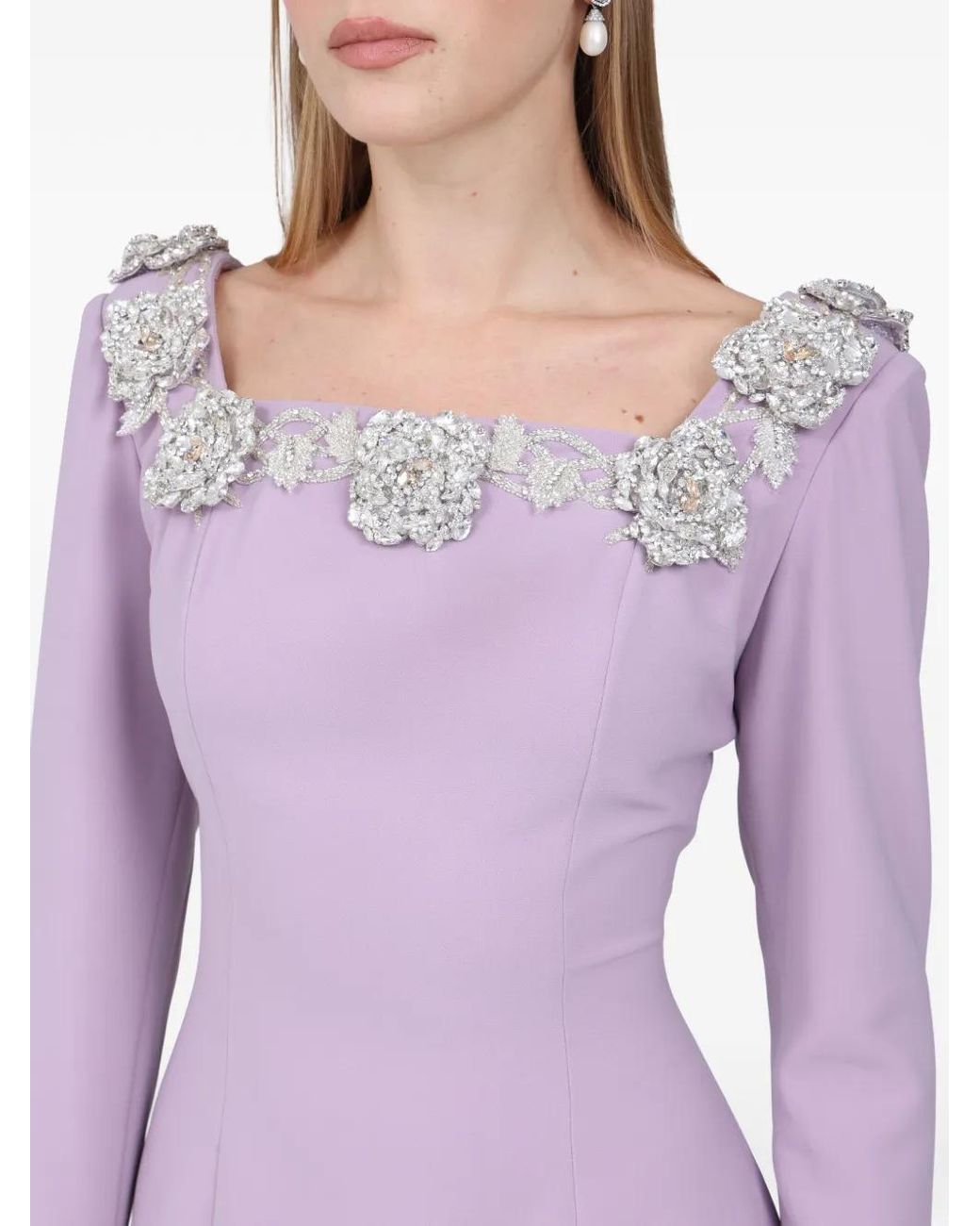 Dina Melwani Purple Floral-Embellished Maxi Dress