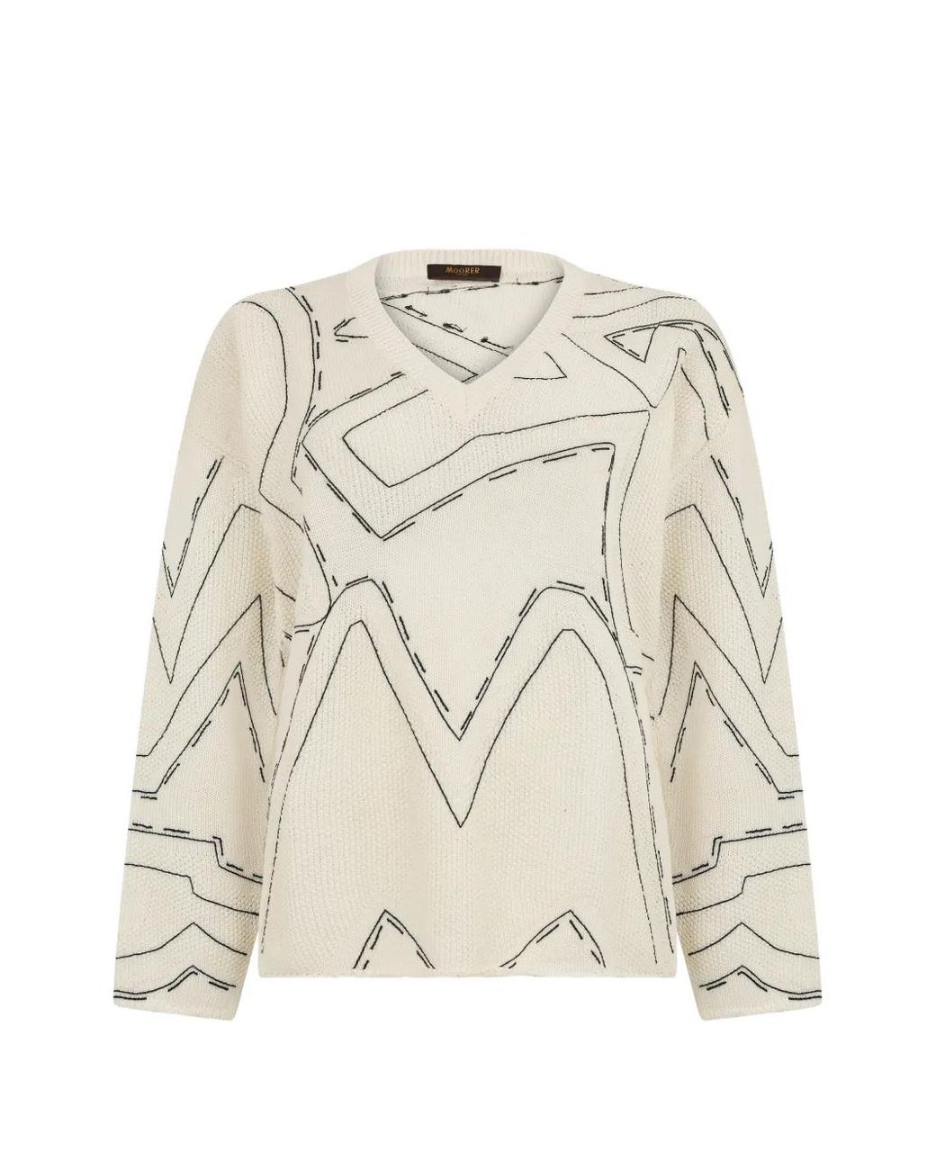 Moorer Natural Geometric-Pattern V-Neck Sweater