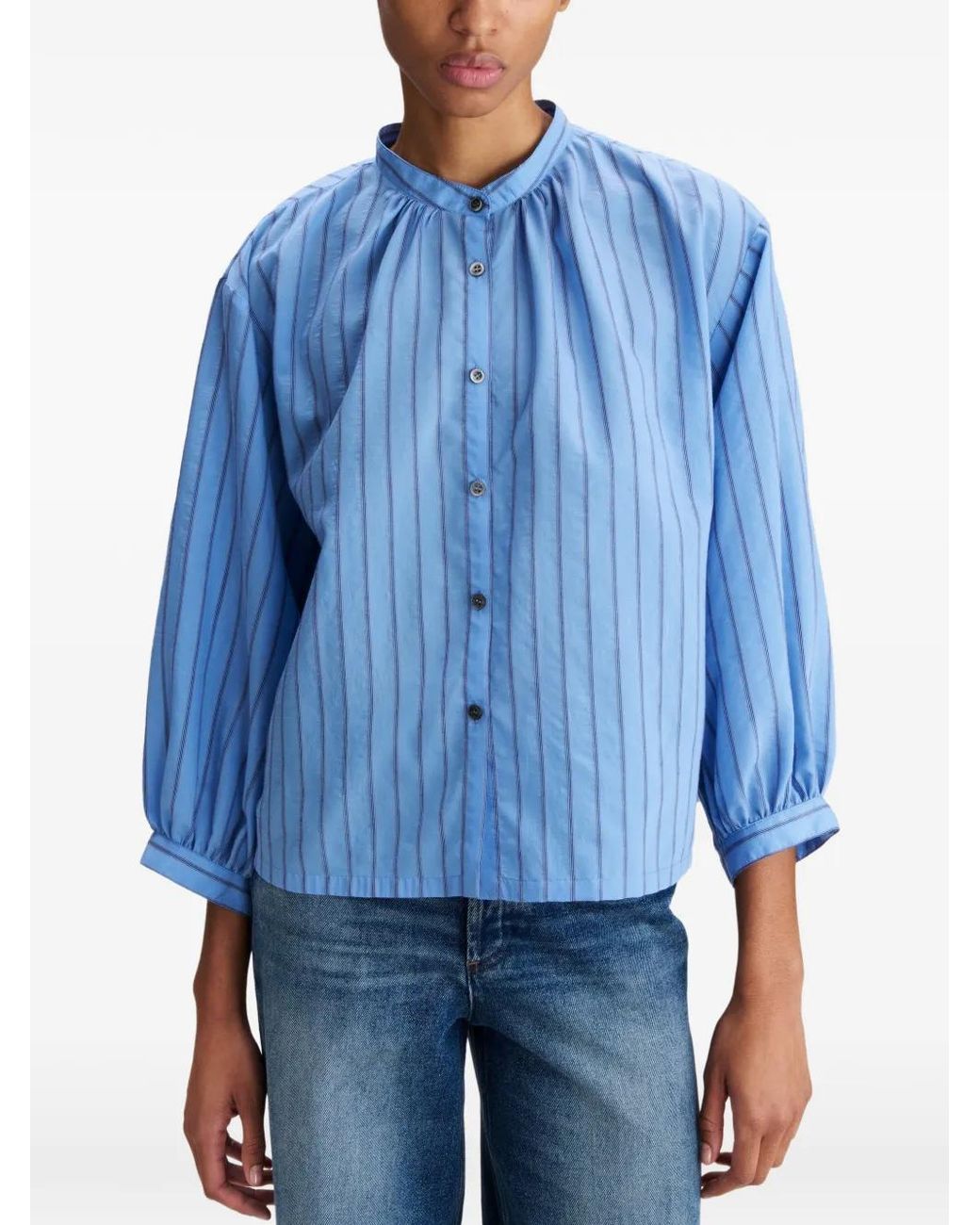 A.P.C. Blue Bela Striped Officer-Collar Blouse