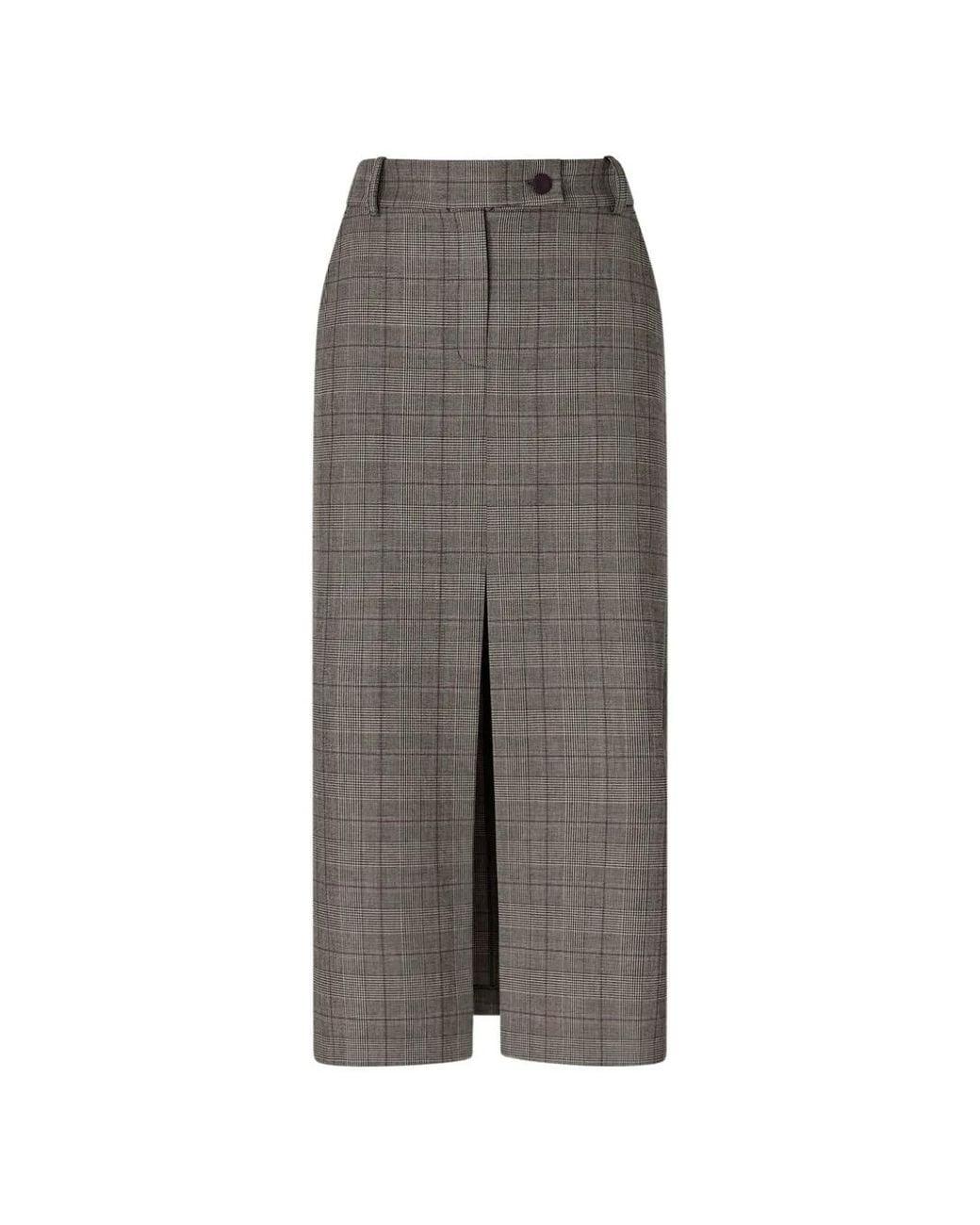 Pinko Gray Front Slit Plaid Midi Skirt With Tailored Fit