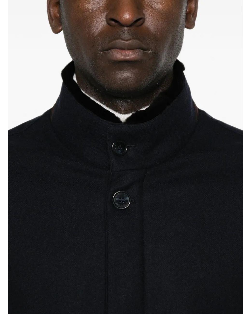 Enrico Mandelli Blue Fur-Trimmed High-Neck Coat for men