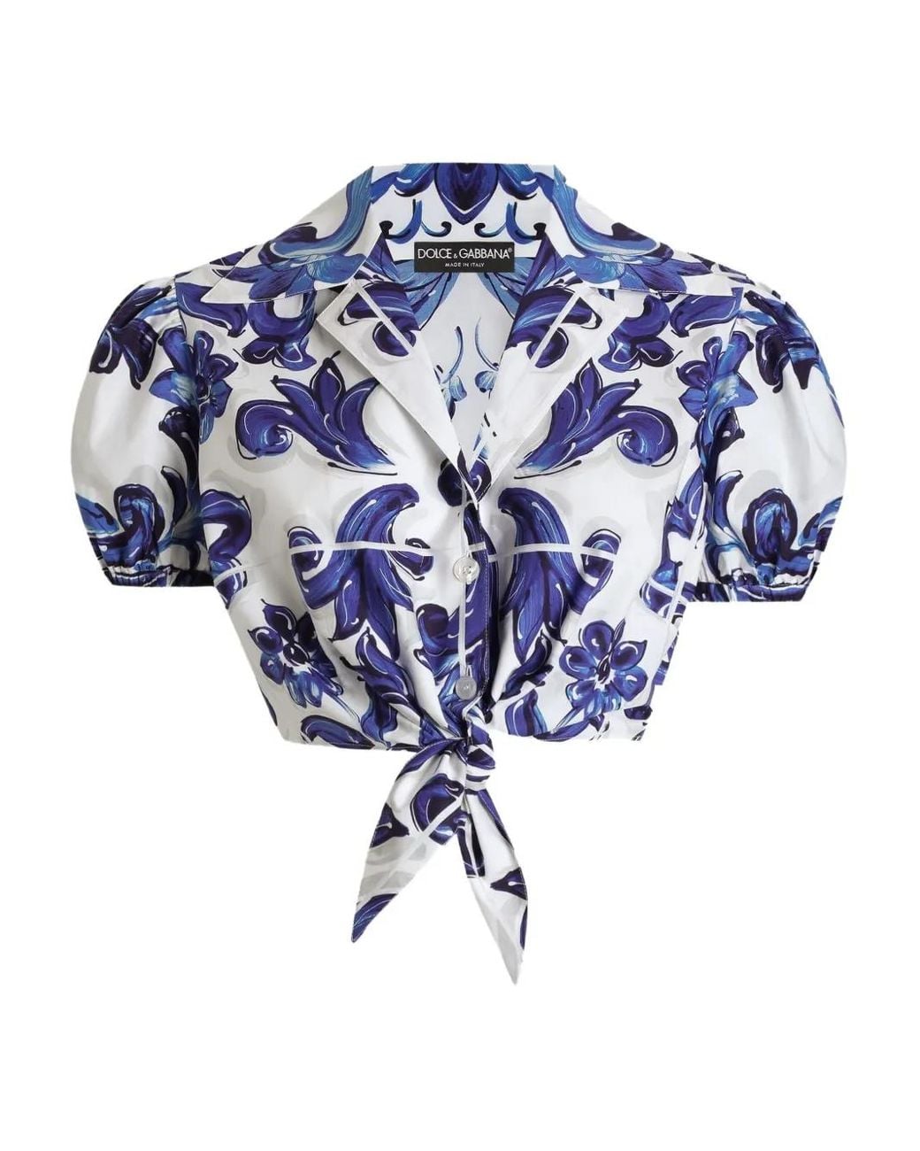 Dolce & Gabbana Blue Majolica-Print Puff-Sleeve Top