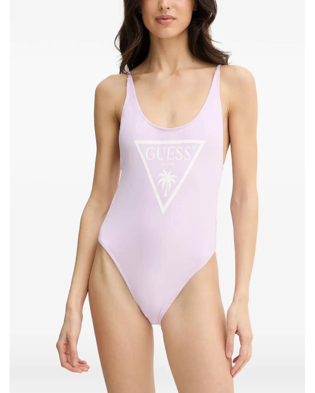 Guess Purple Logo-Print Scoop-Neck Swimsuit