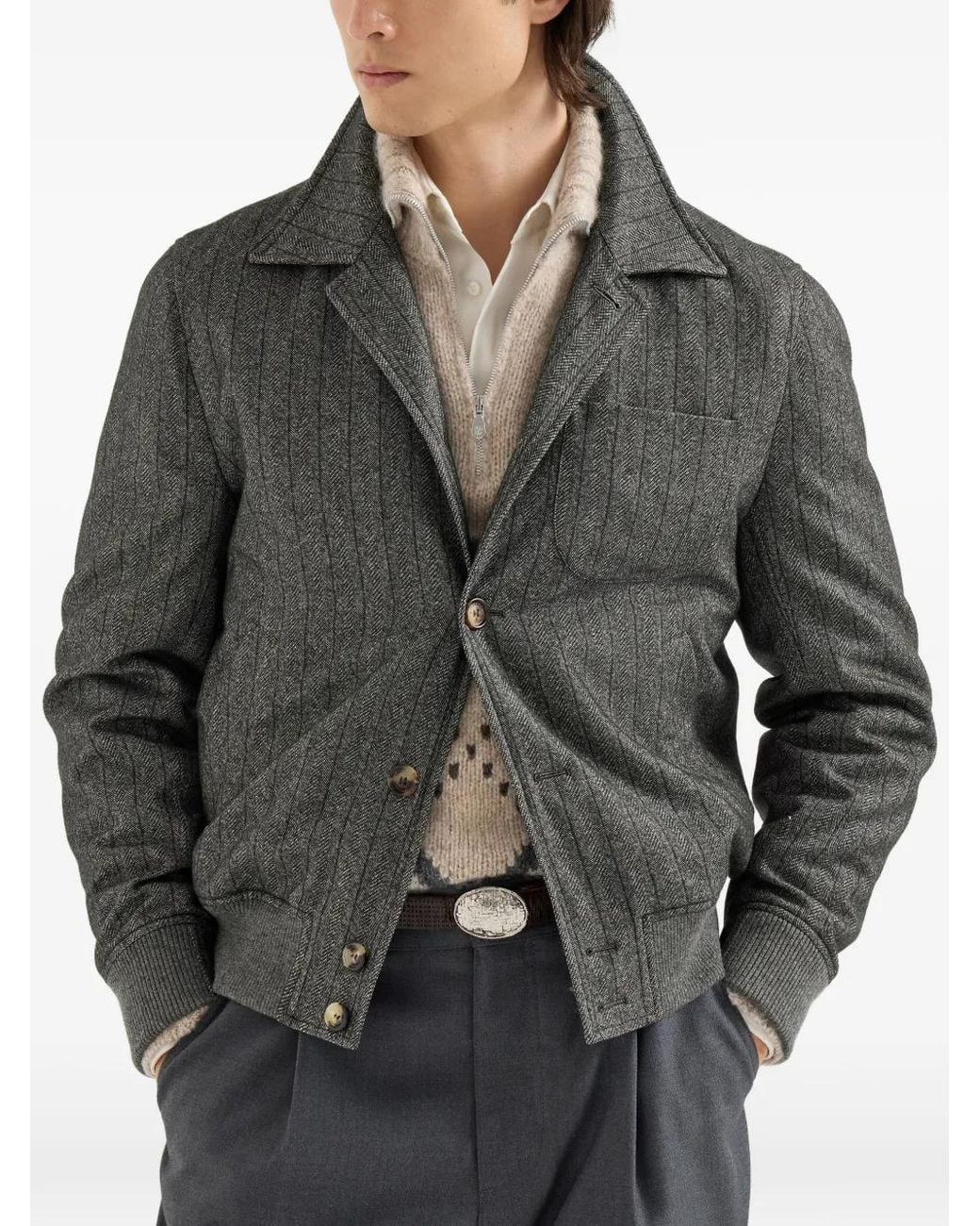Brunello Cucinelli Gray Cashmere And Silk Chalk Stripe Chevron Outerwear Jacket for men