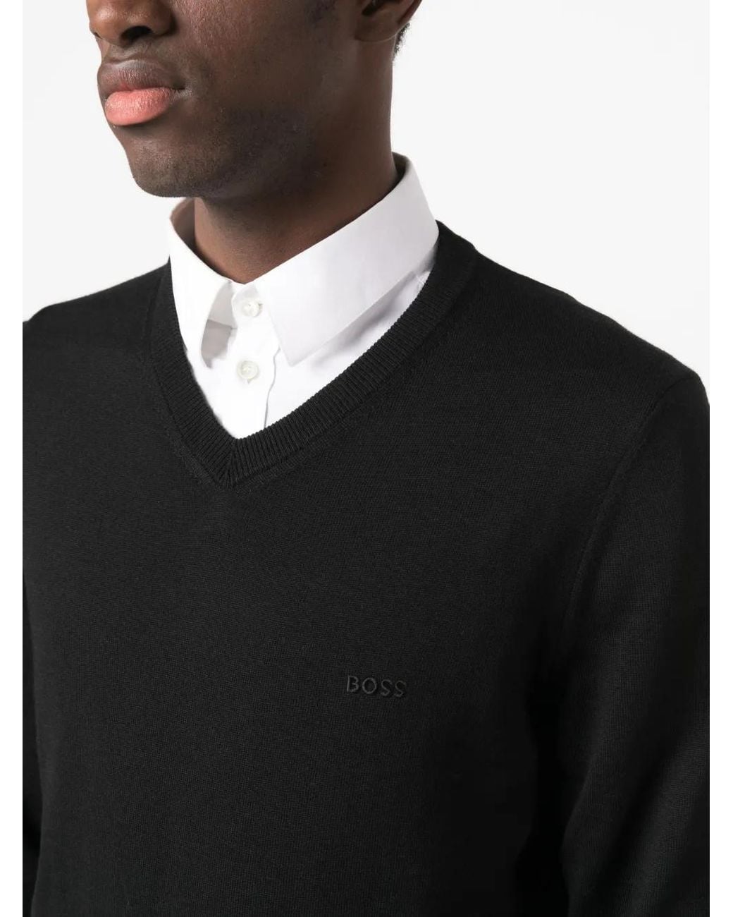 Boss Black Embroidered-Logo V-Neck Jumper for men