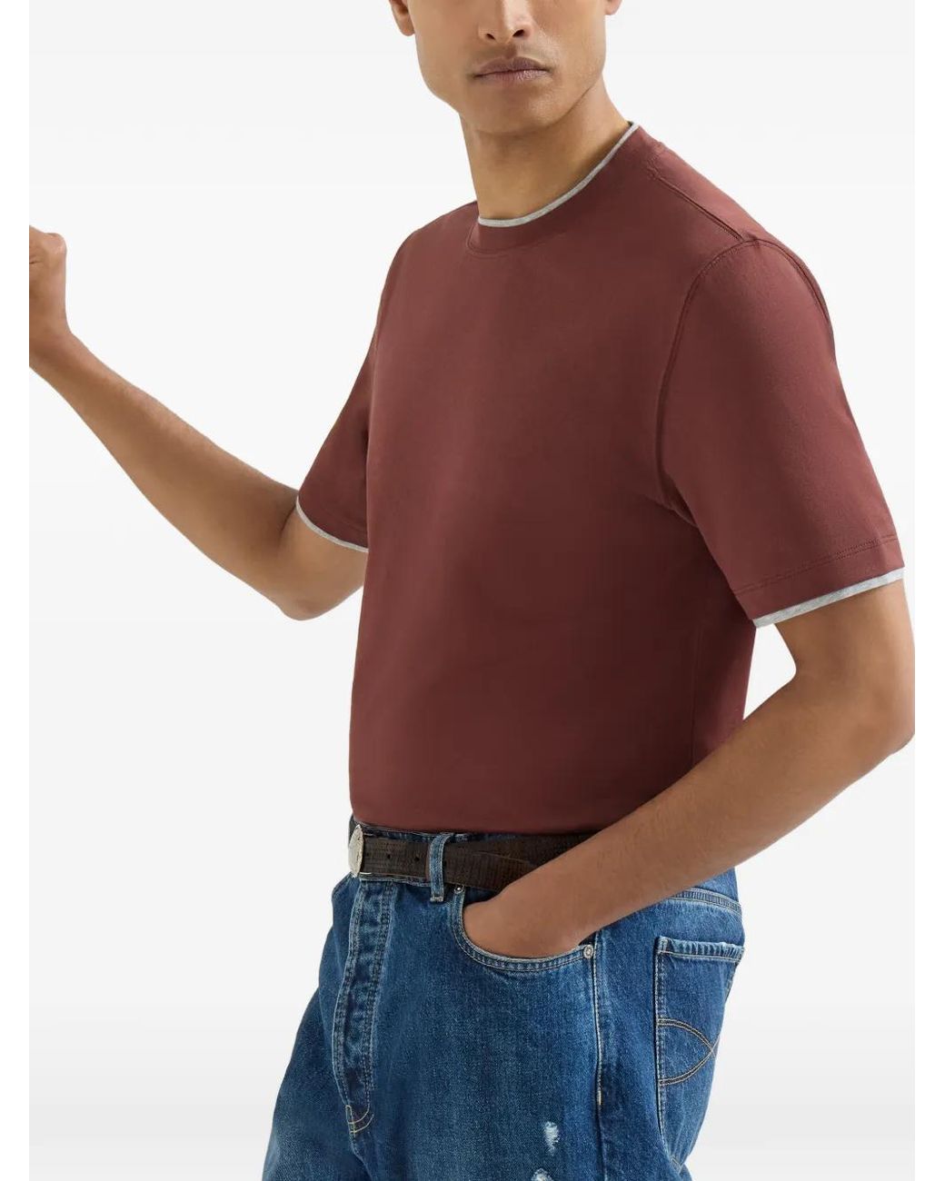 Brunello Cucinelli Red T-Shirt À Design Superposé En Jersey De Coton for men