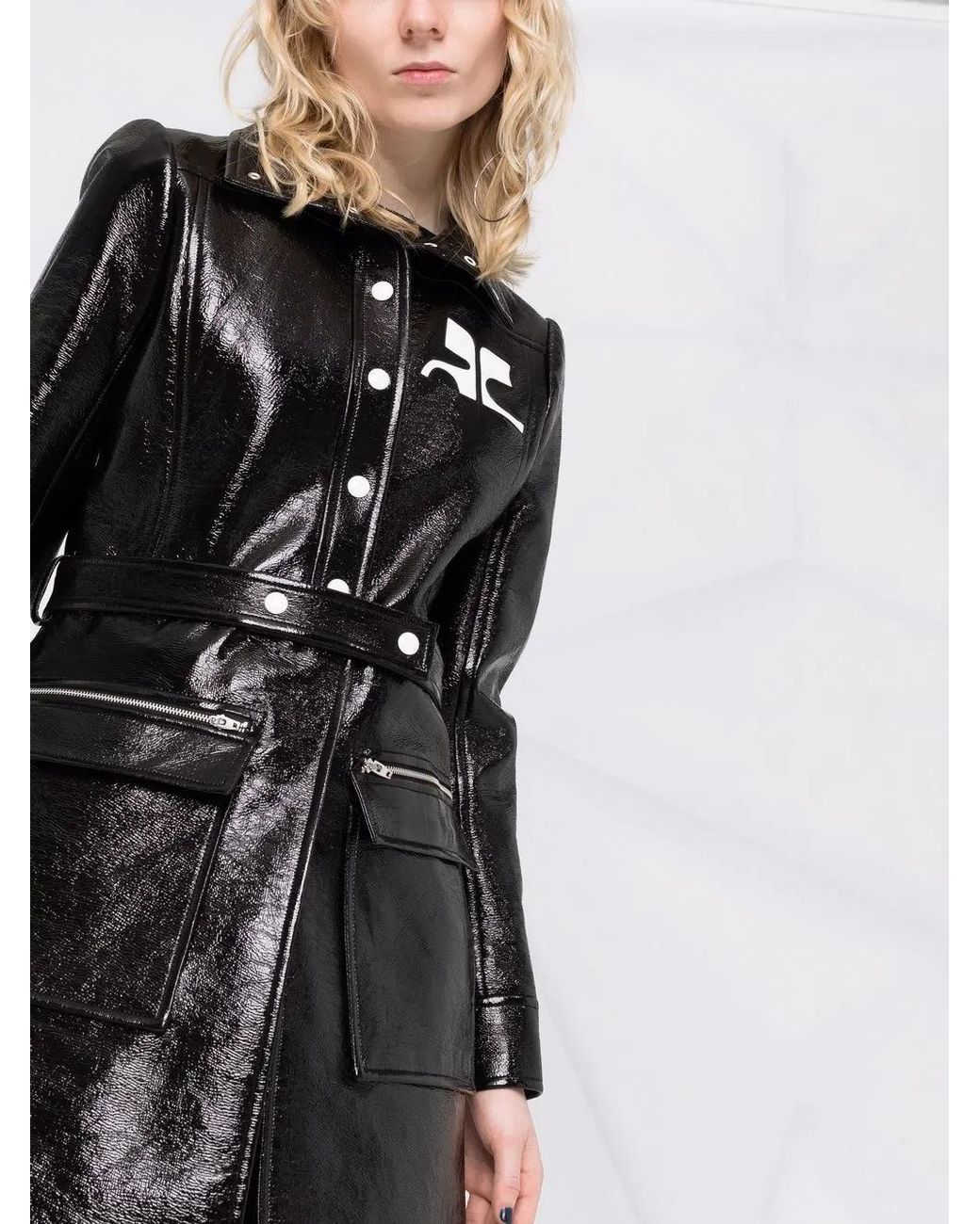 Courreges Black Logo-Print Lacquered-Effect Trench Coat