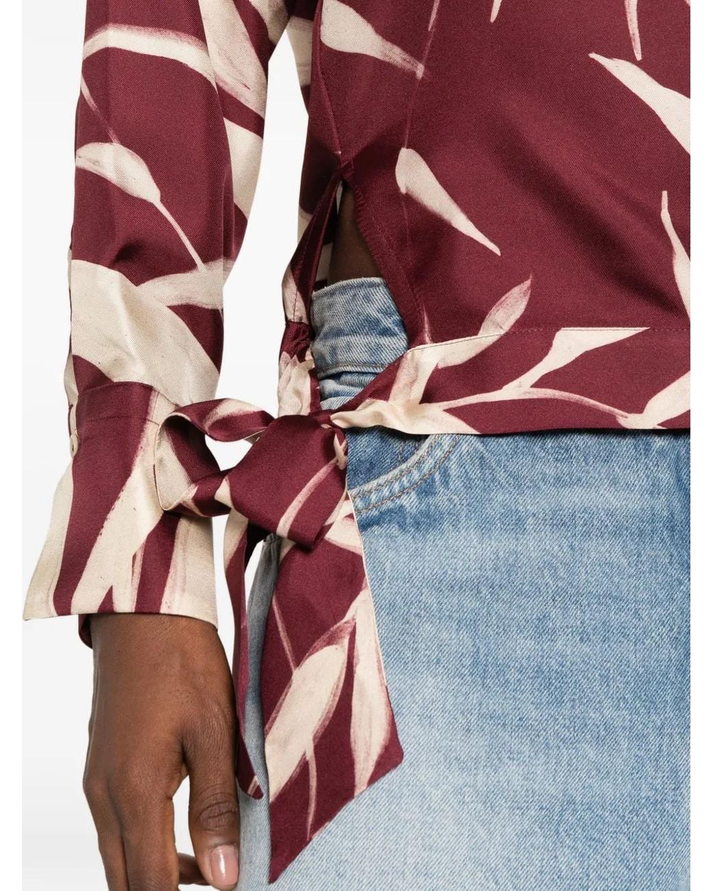 Caliban Red Leaf-Print Side-Tie Blouse