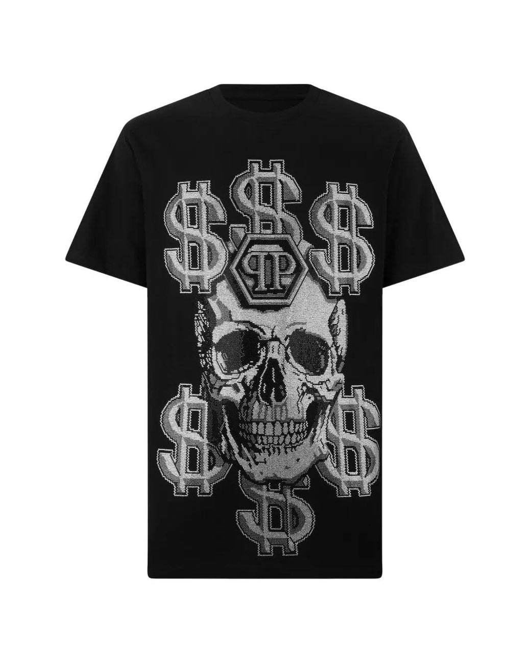 Philipp Plein Black Crystal-Embellished Skull-Print T-Shirt for men