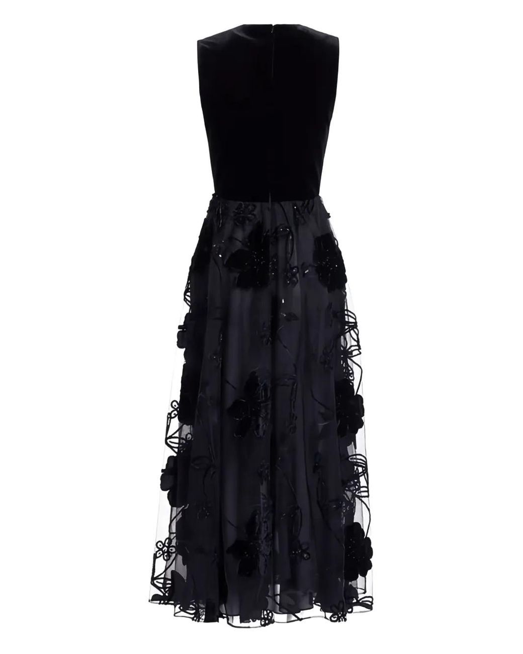 Elie Saab Black Embroidered Tulle And Velvet Midi Dress