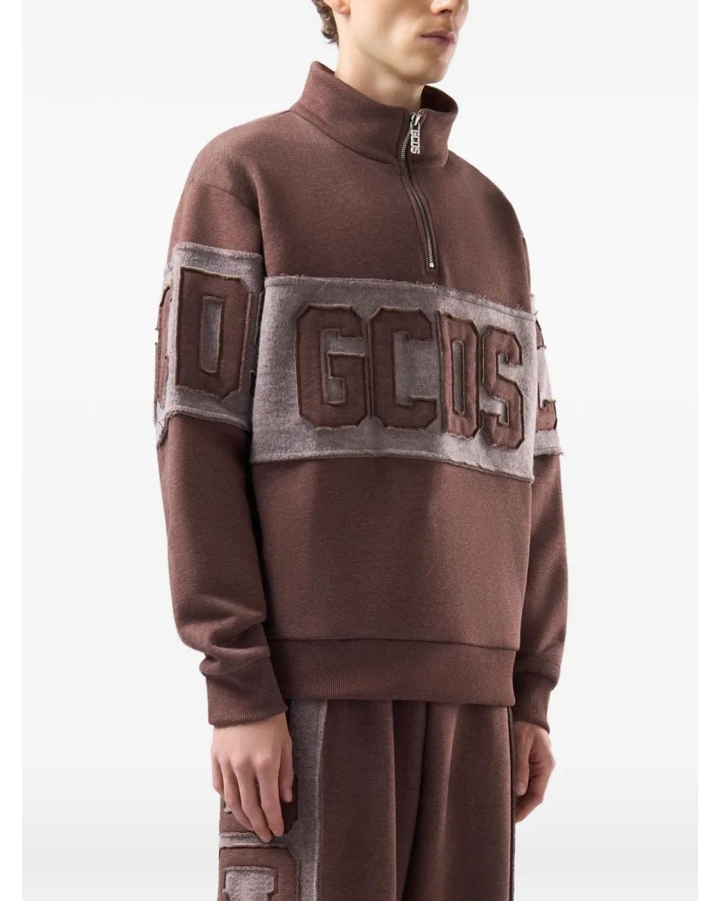 Gcds Brown Logo-Appliqué Half-Zip Sweatshirt for men