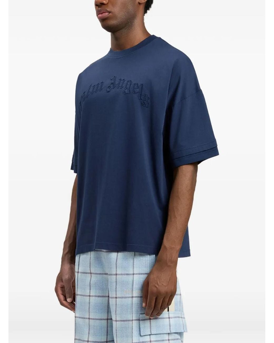 Palm Angels Blue Curved Logo Loose Double T-Shirt for men