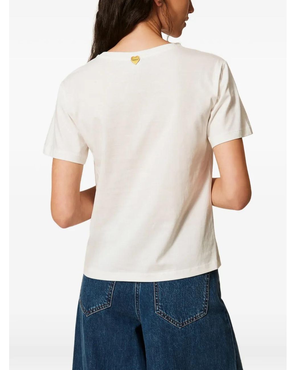 Twinset White Fitted T-Shirt With Crochet Flowers