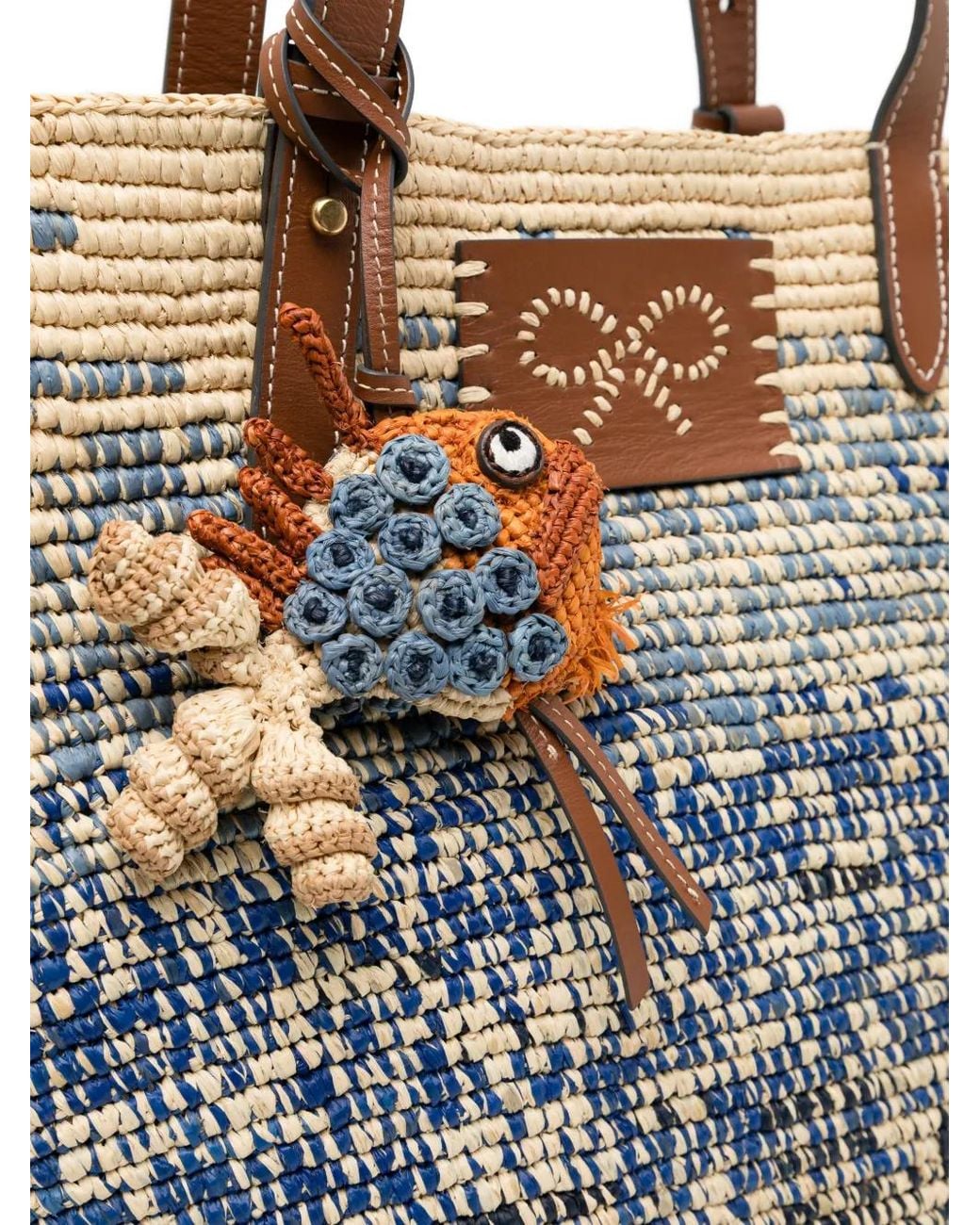 Anya Hindmarch Blue Woven-Raffia Fish-Charm Tote Bag