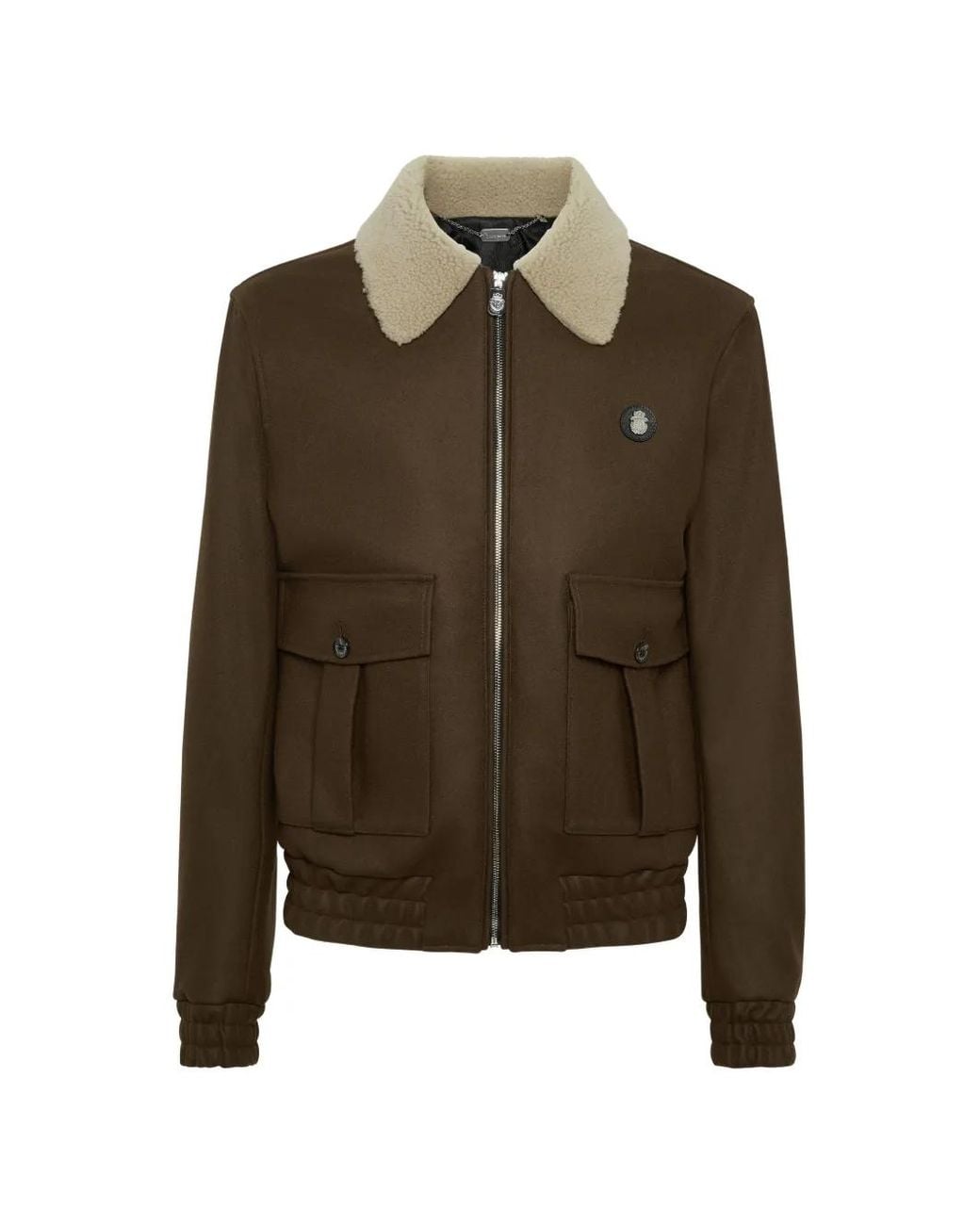 Billionaire Brown Shearling-Collared Wool Jacket for men