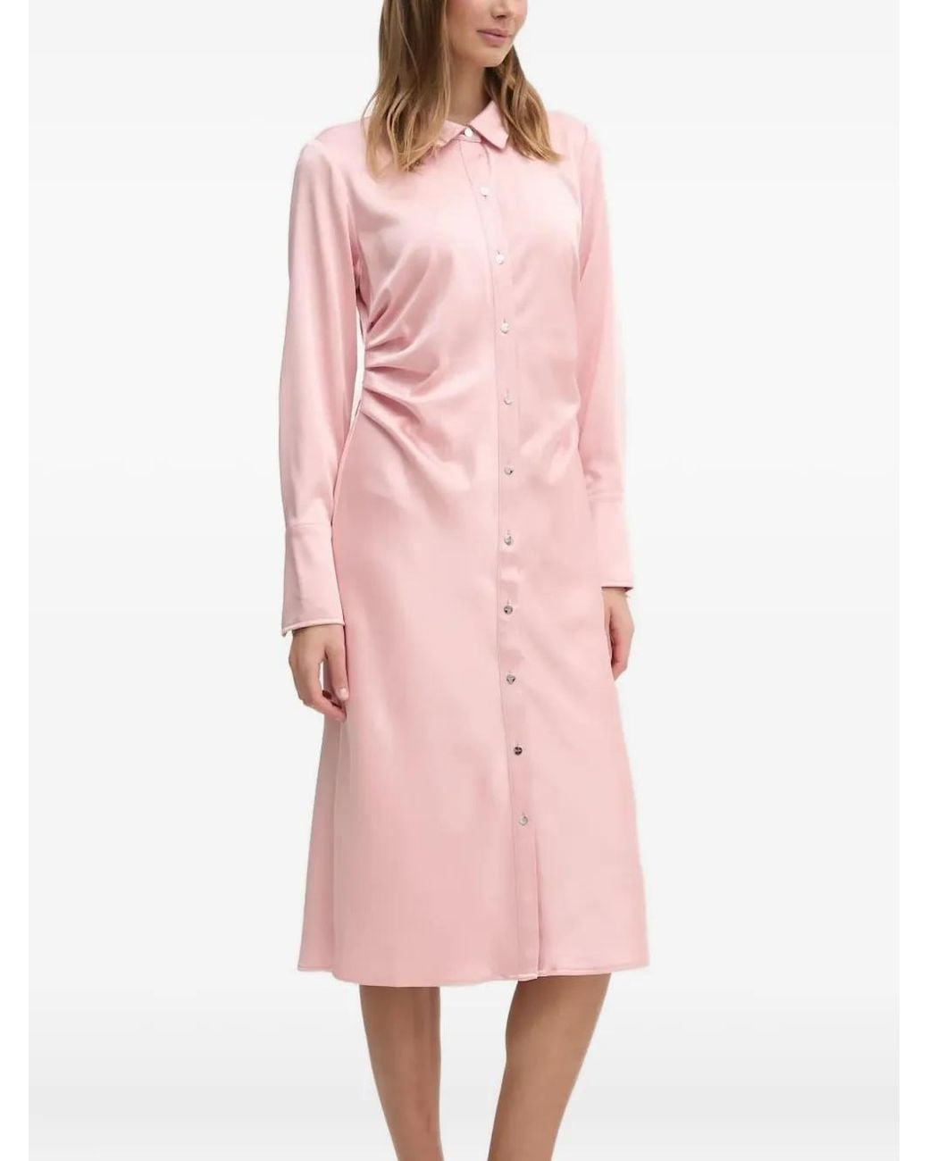 DKNY Pink Satin-Panelled Button-Front Midi Dress
