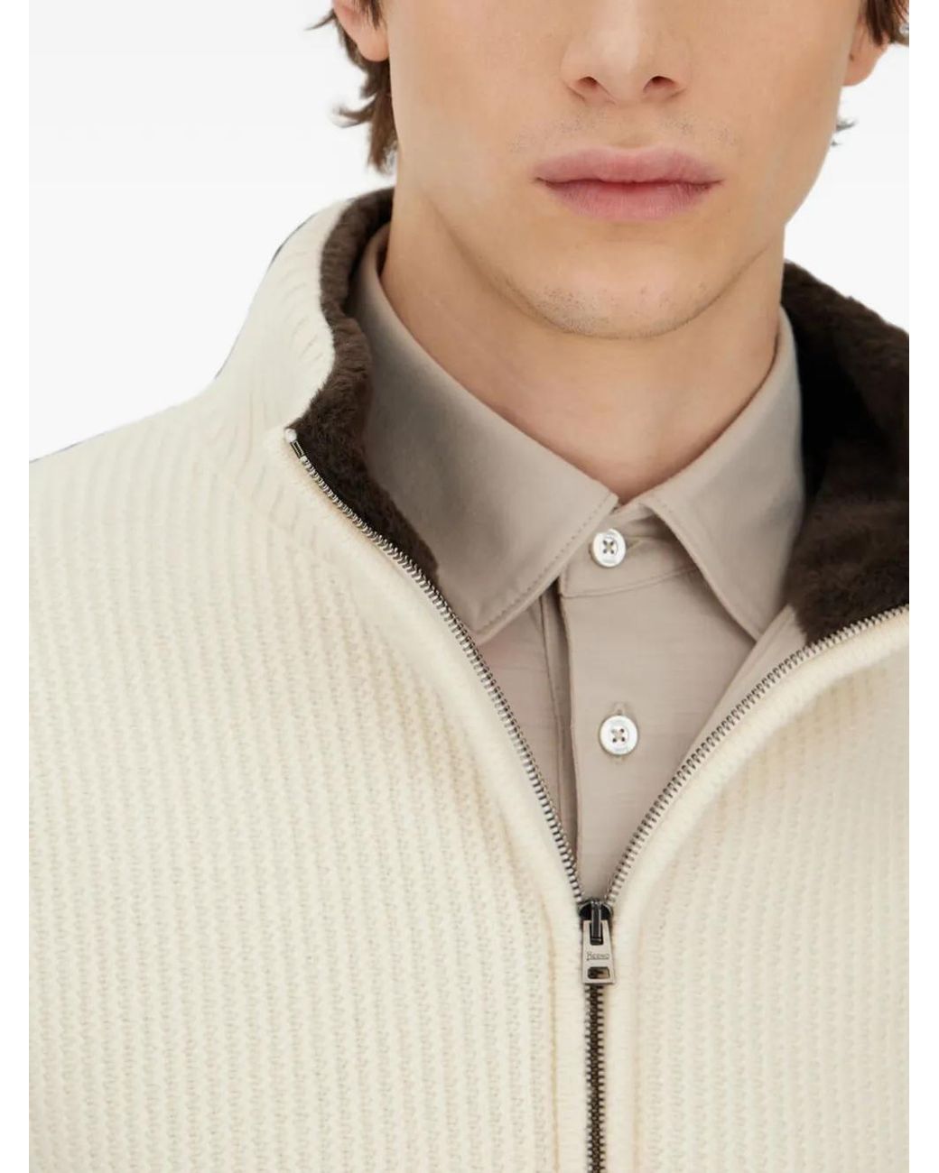 Herno White Ribbed-Knit Wool Cardigan for men