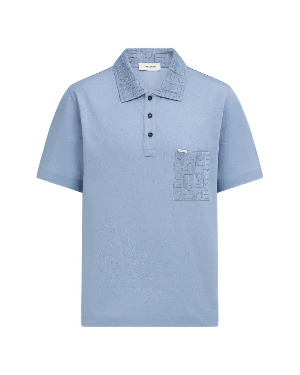 Ferragamo Blue V-Neck Polo With Jacquard Pocket Detail for men