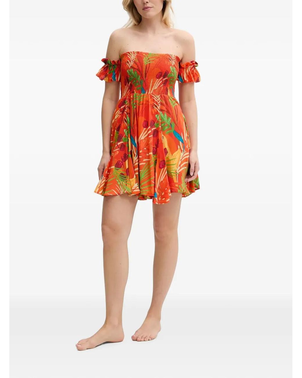Desigual Red Smocked Tropical-Print Mini Beach Dress