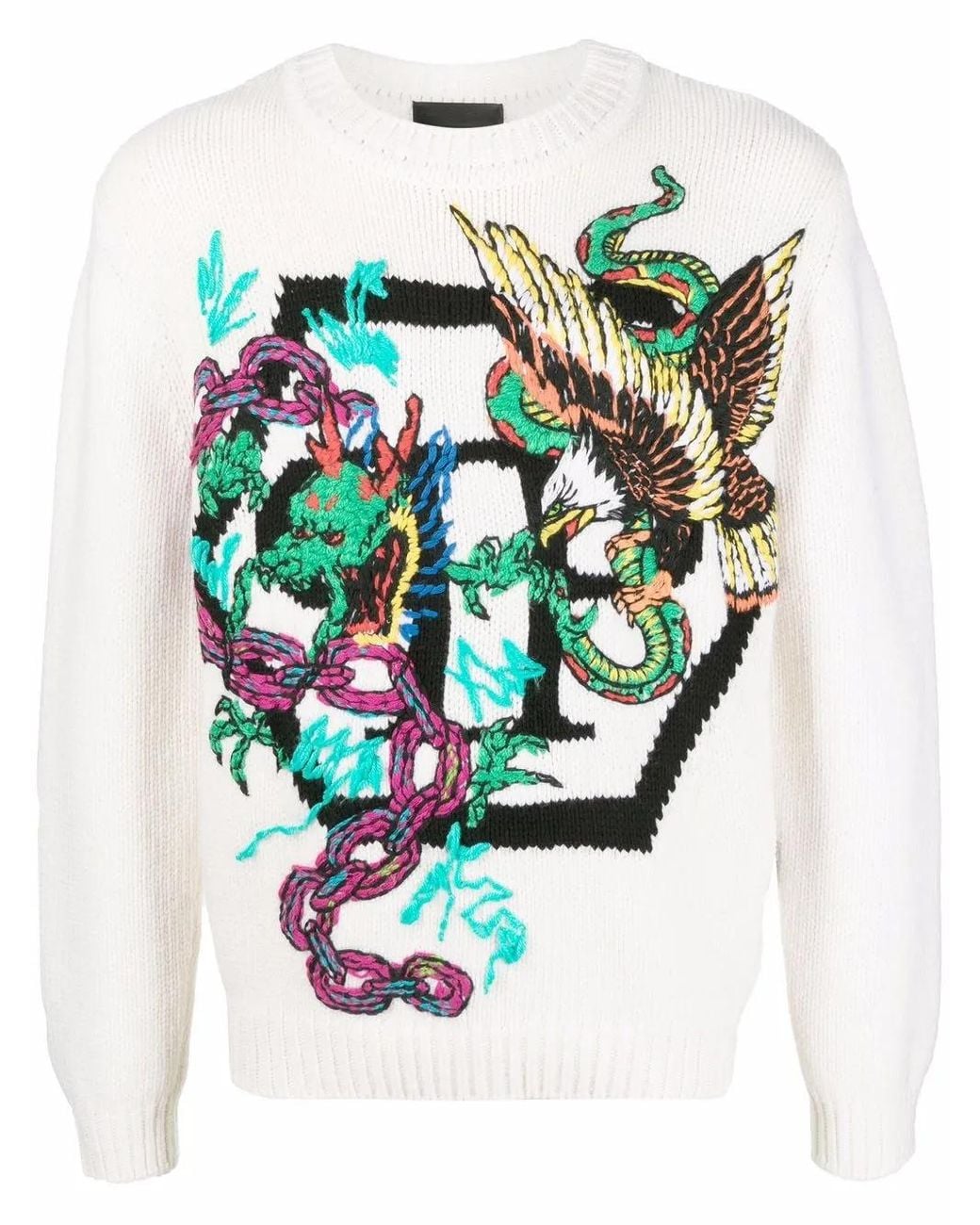 Philipp Plein White Patterned Intarsia-Knit Jumper