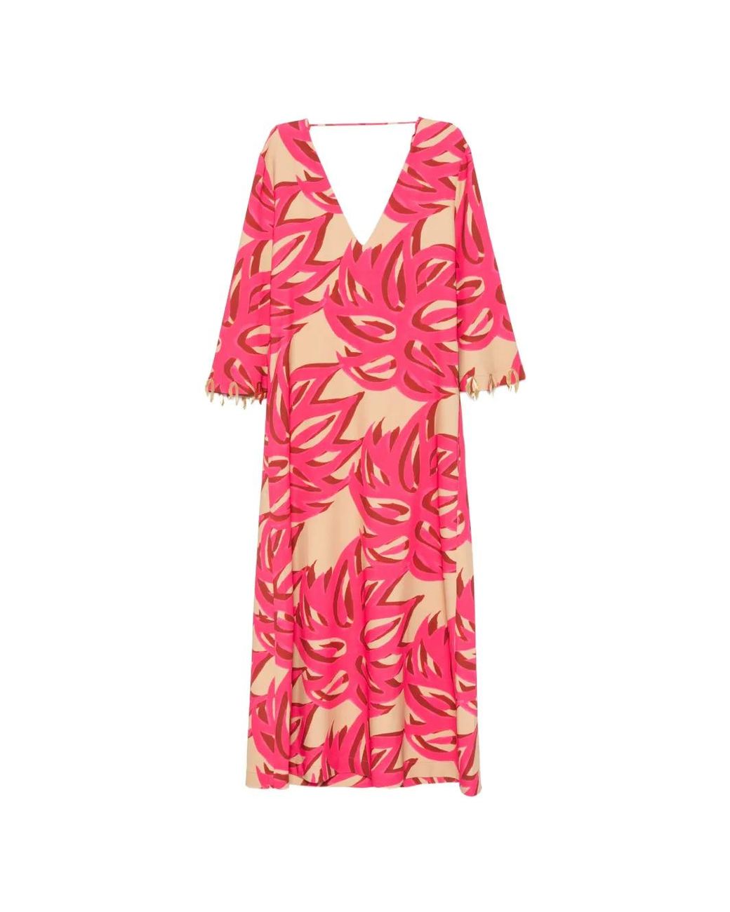 Themis Z Red Ismene Sabra Leaf-Print V-Neck Midi Dress