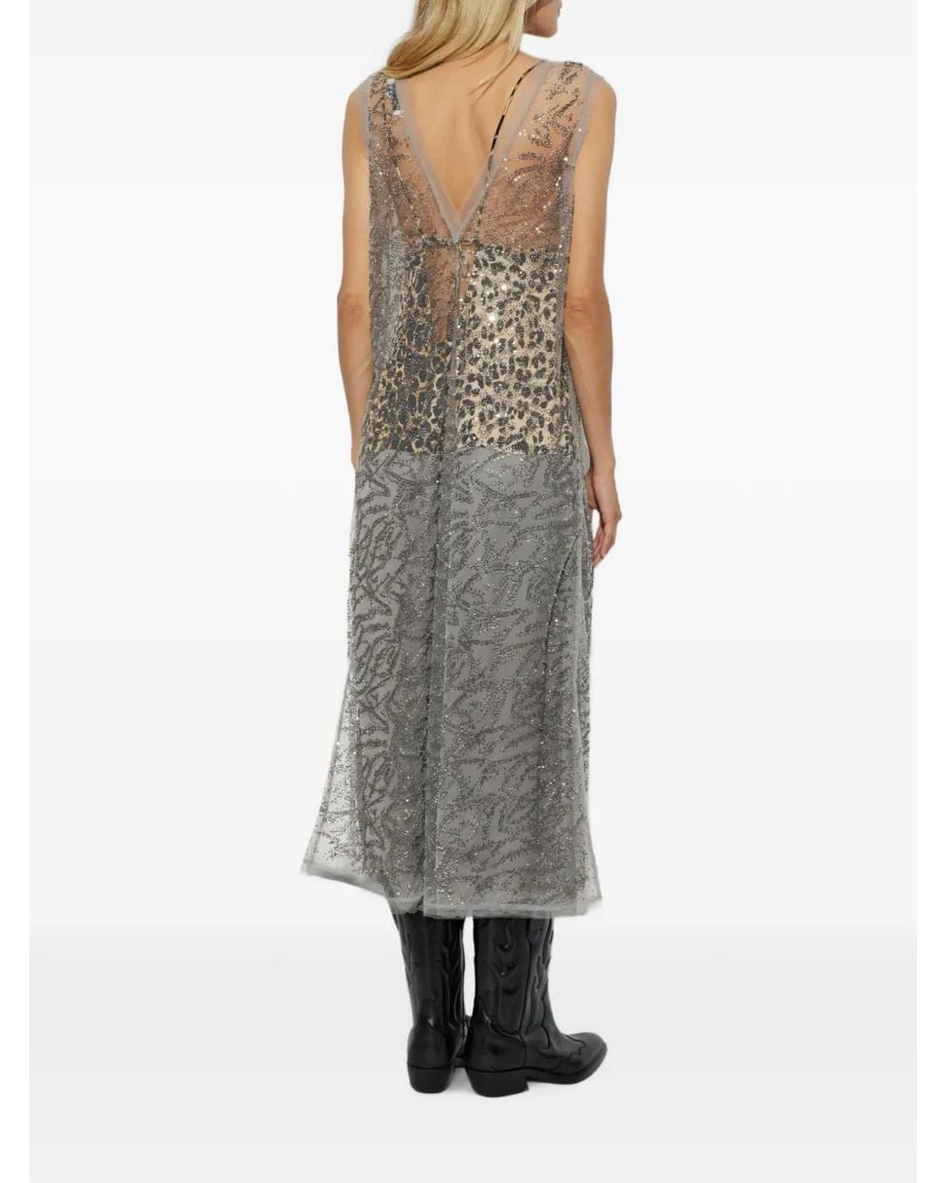 Munthe Gray Robe Mi-Longue Varika En Mesh À Sequins