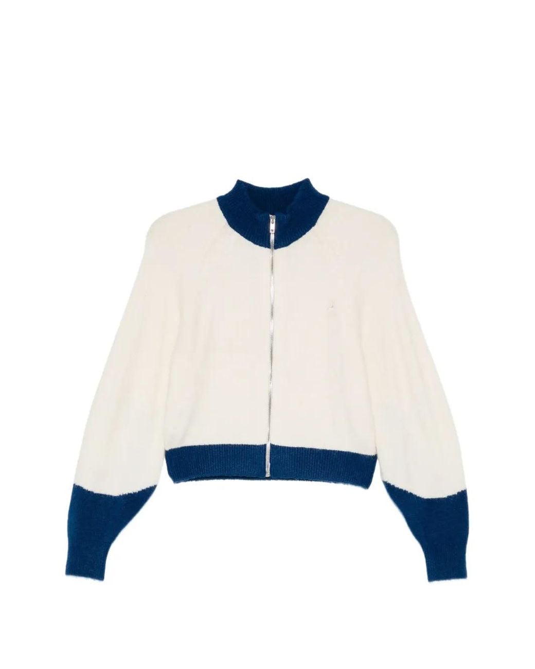 Pushbutton Blue Color-Block Zip-Up Cardigan