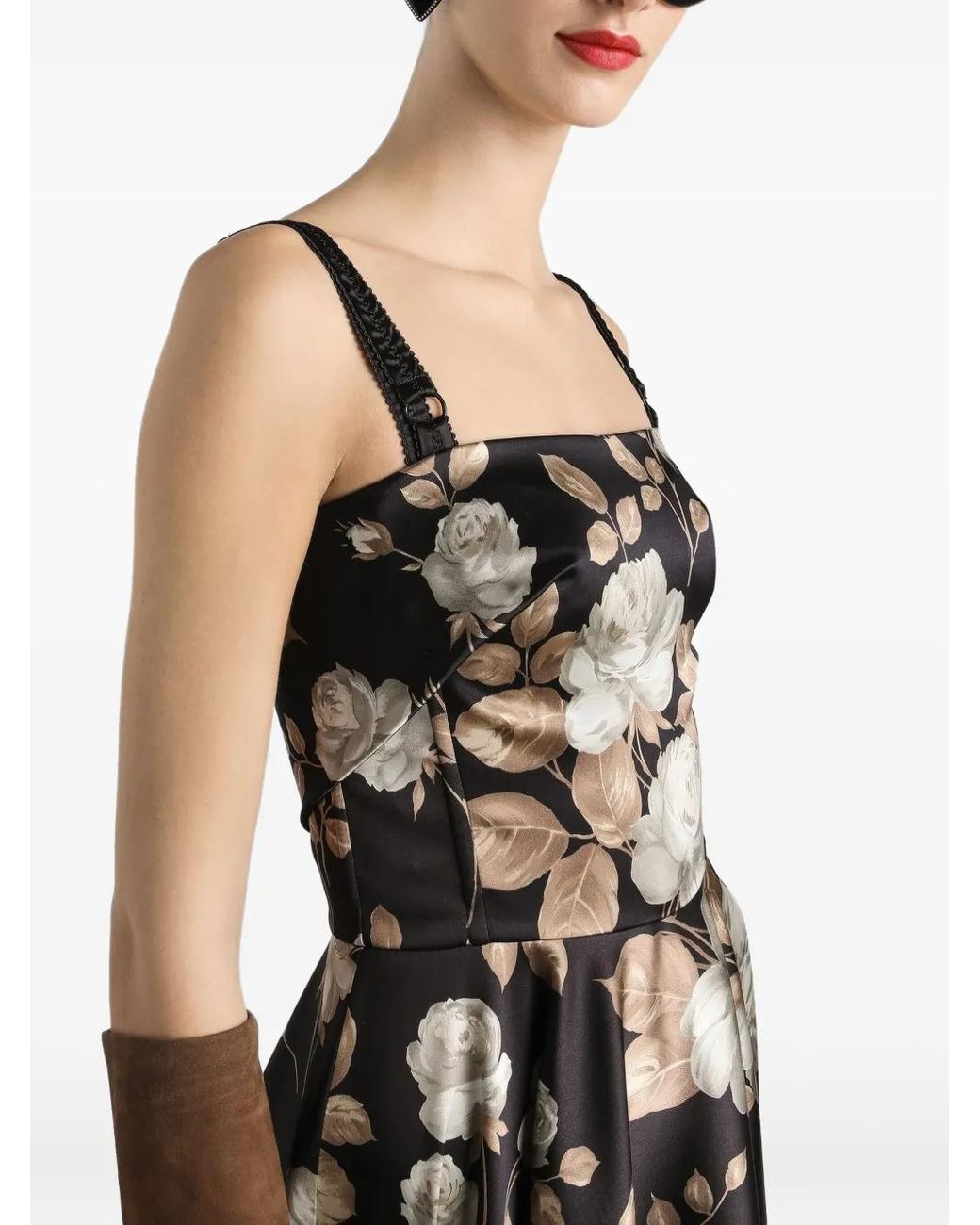 Dolce & Gabbana Black Rose-Print Satin Midi Dress