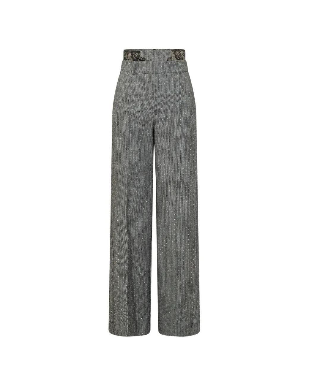ACTUALEE Gray Herringbone-Pattern Lace-Trim Trousers