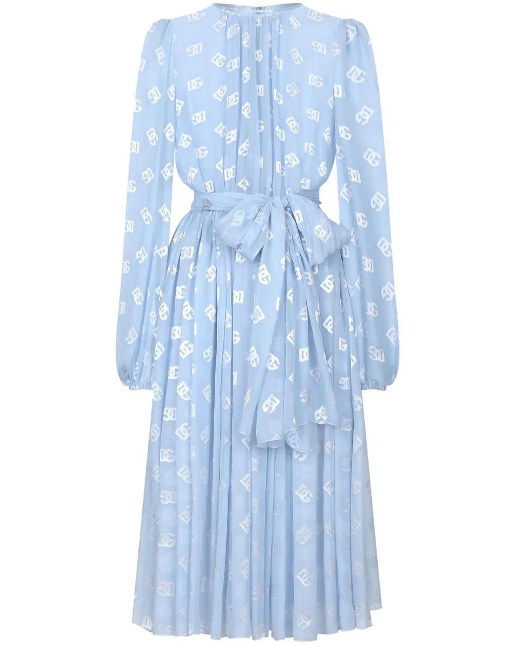 Dolce & Gabbana Blue Dévoré Silk Jacquard Calf-Length Dress With Dg Logo
