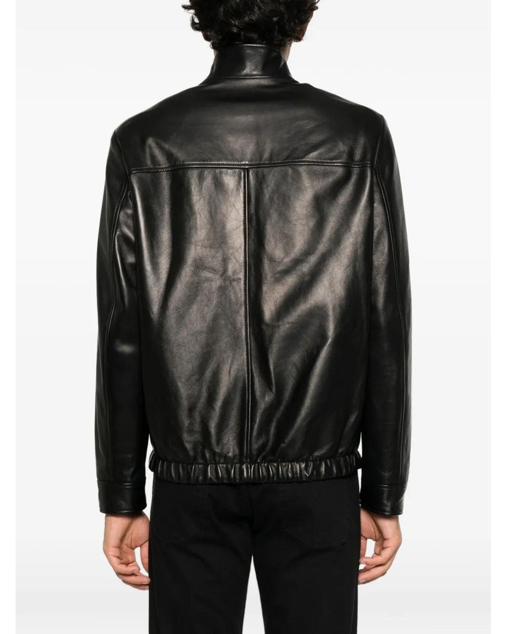 Canali Black Zip-Up Leather Jacket for men