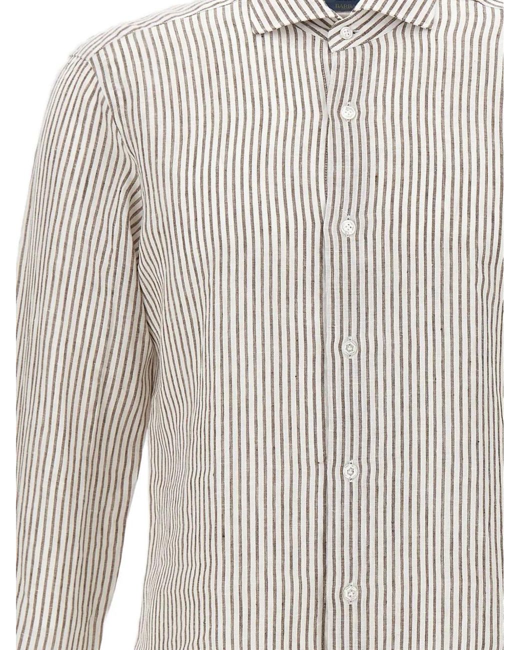 Barba Napoli White Striped Button Shirt for men