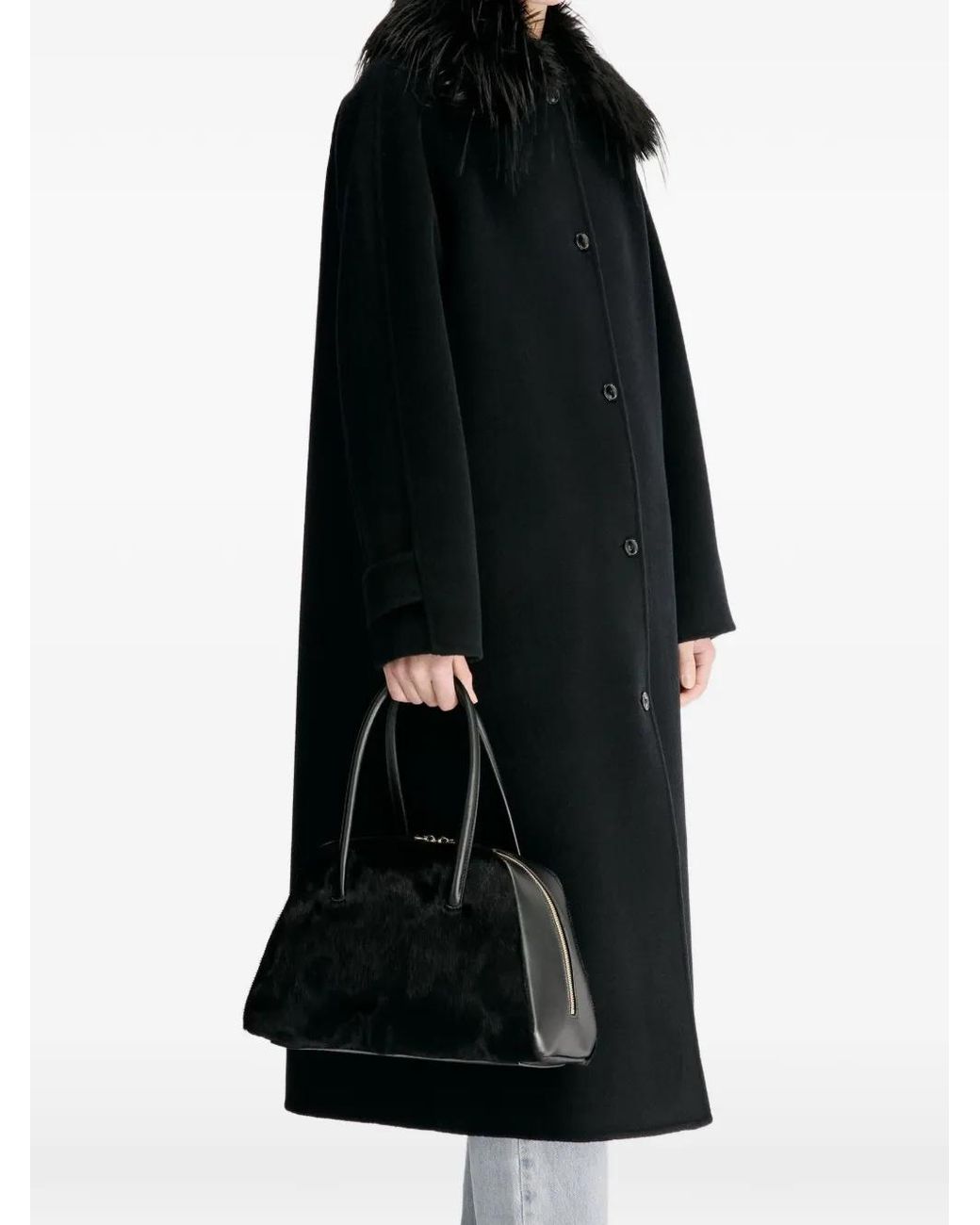 Loulou de Saison Black Yrsa Detachable Faux-Fur Collar Coat