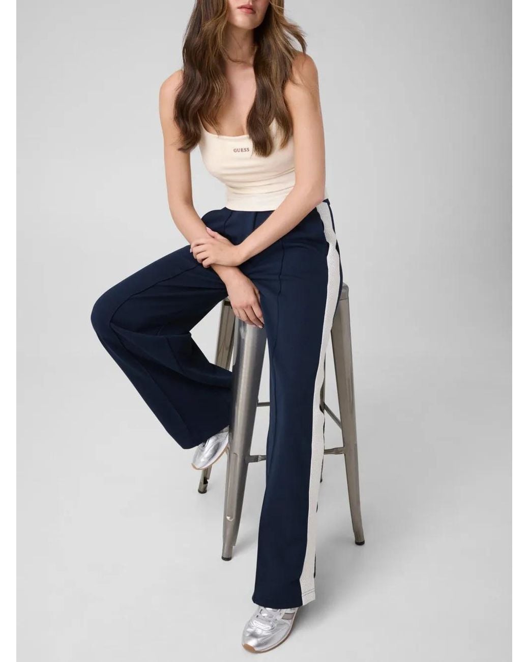 Guess Blue Side-Stripe Wide-Leg Track Pants