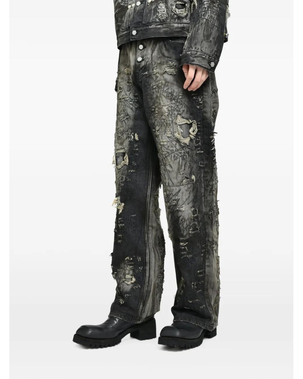 THUG CLUB Gray Hard-Washed Damaged Loose-Fit Jeans for men