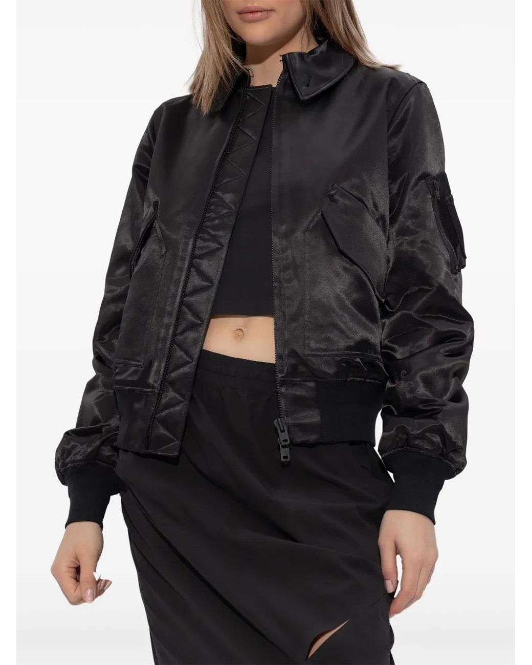 Y-3 Black Satin Zip-Up Bomber Jacket