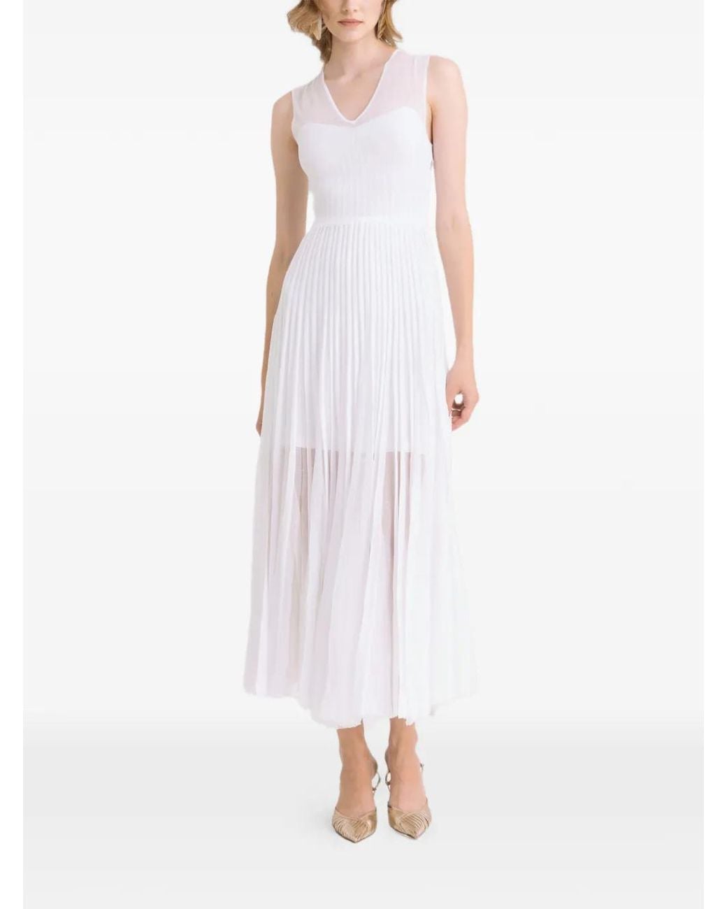 Gemy Maalouf White V-Neck Pleated Midi Dress
