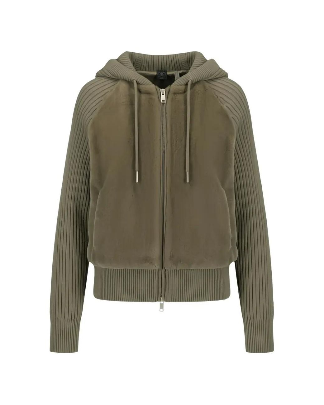 Moose Knuckles Green Ribbed-Knit Shearling Hooded Jacket