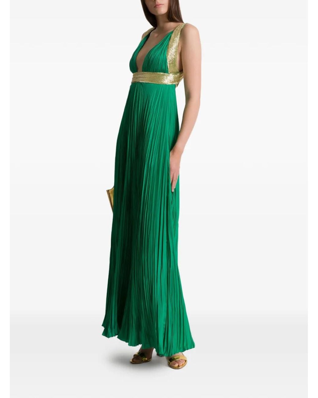 Alberta Ferretti Pleated Maxi Dress in Green | Lyst
