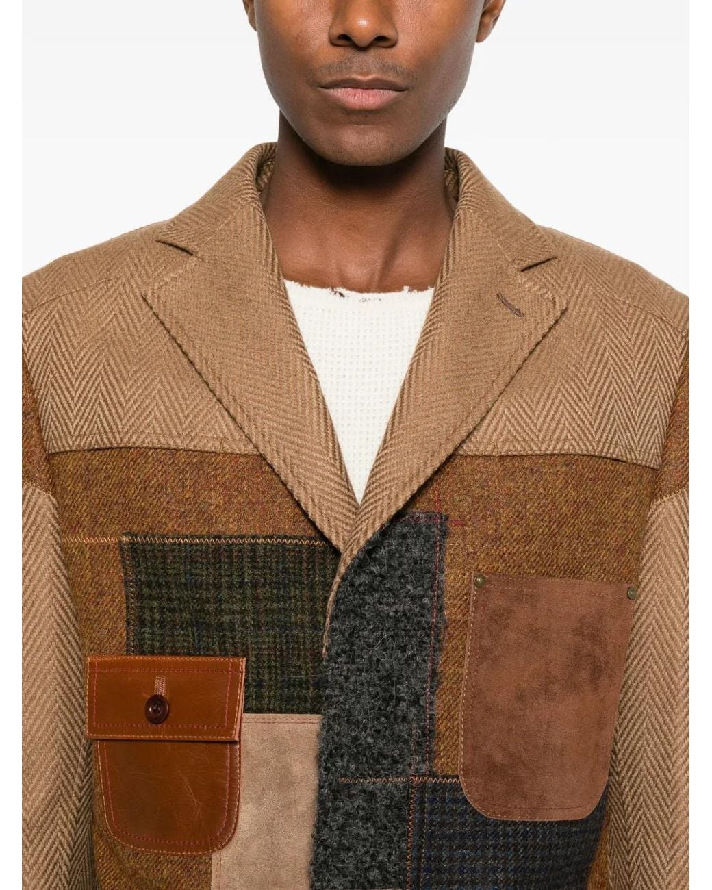 Junya Watanabe Brown Patchwork Herringbone Coat for men